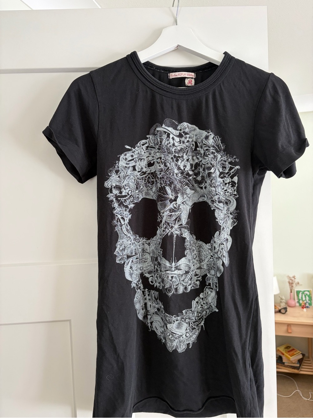 Replay Black Short Sleeve Tee with White Skull Graphic